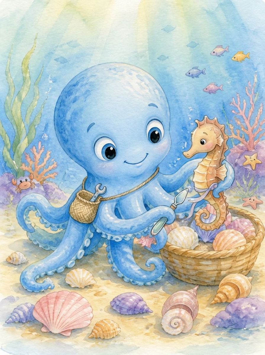 Pastel watercolor illustration of Ollie, one of Olivia's eight little octopuses