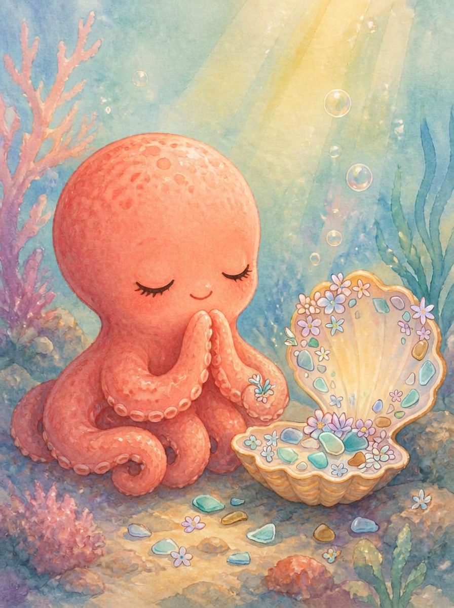 Pastel watercolor illustration of Opal, one of Olivia's eight little octopuses