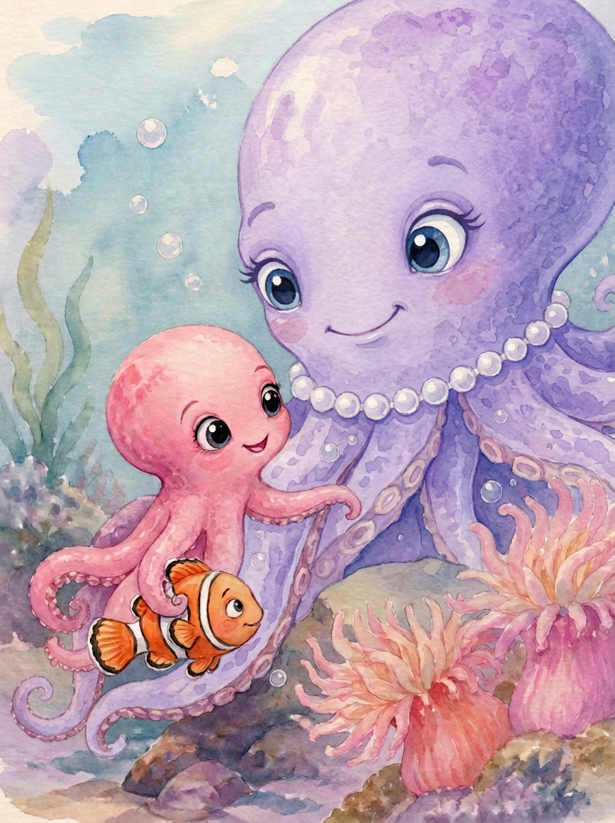 Pastel watercolor illustration of Orchid, one of Olivia's eight little octopuses
