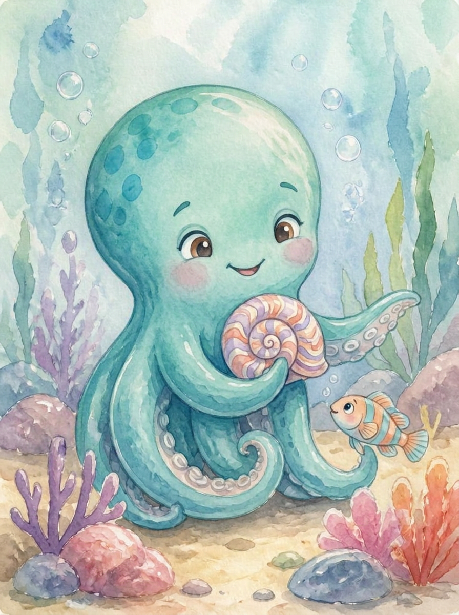 Pastel watercolor illustration of Owen, one of Olivia's eight little octopuses