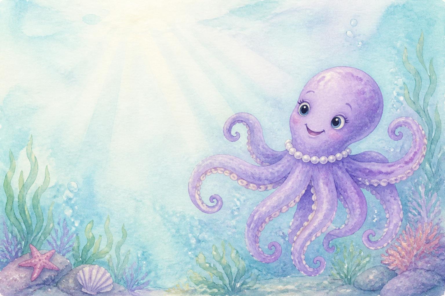 Watercolor illustration of Olivia, a violet octopus wearing a white pearl necklace, in a sunlit sea